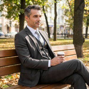 New 2026 Mens 3pc Dark Grey Glen Plaid Suit Set, Slim Fit